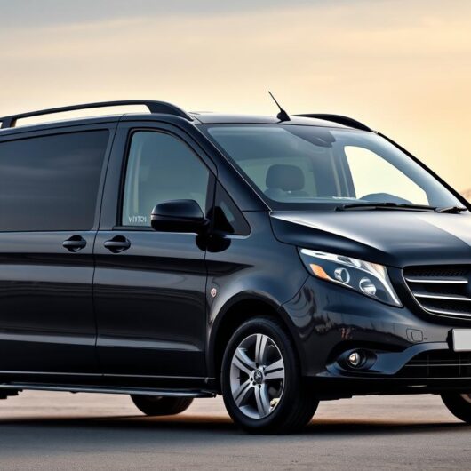 Lüks Mercedes Vito VIP araç kiralama hizmeti sunan siyah bir minibüs İstanbul manzarası önünde