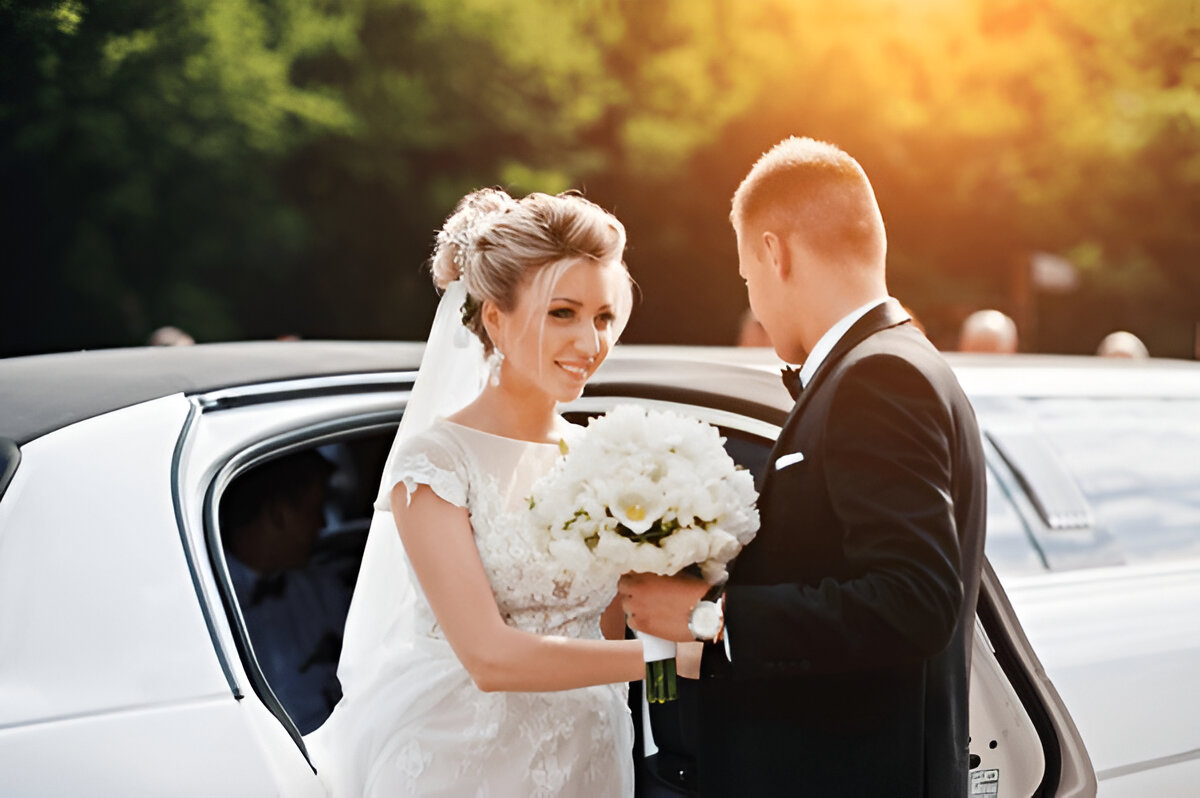 Gelin ve damat beyaz limuzin yanında düğün günü